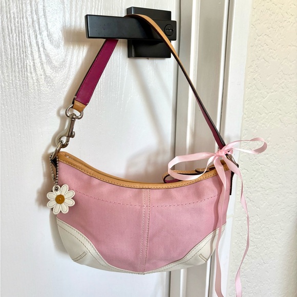 Coach Pink and Cream Shoulder Bag with Floral Charm